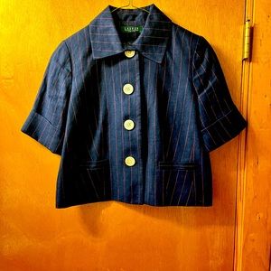 Lauren Ralph Lauren Navy Red Pinstripe Cropped Short Sleeve Jacket Size 2P